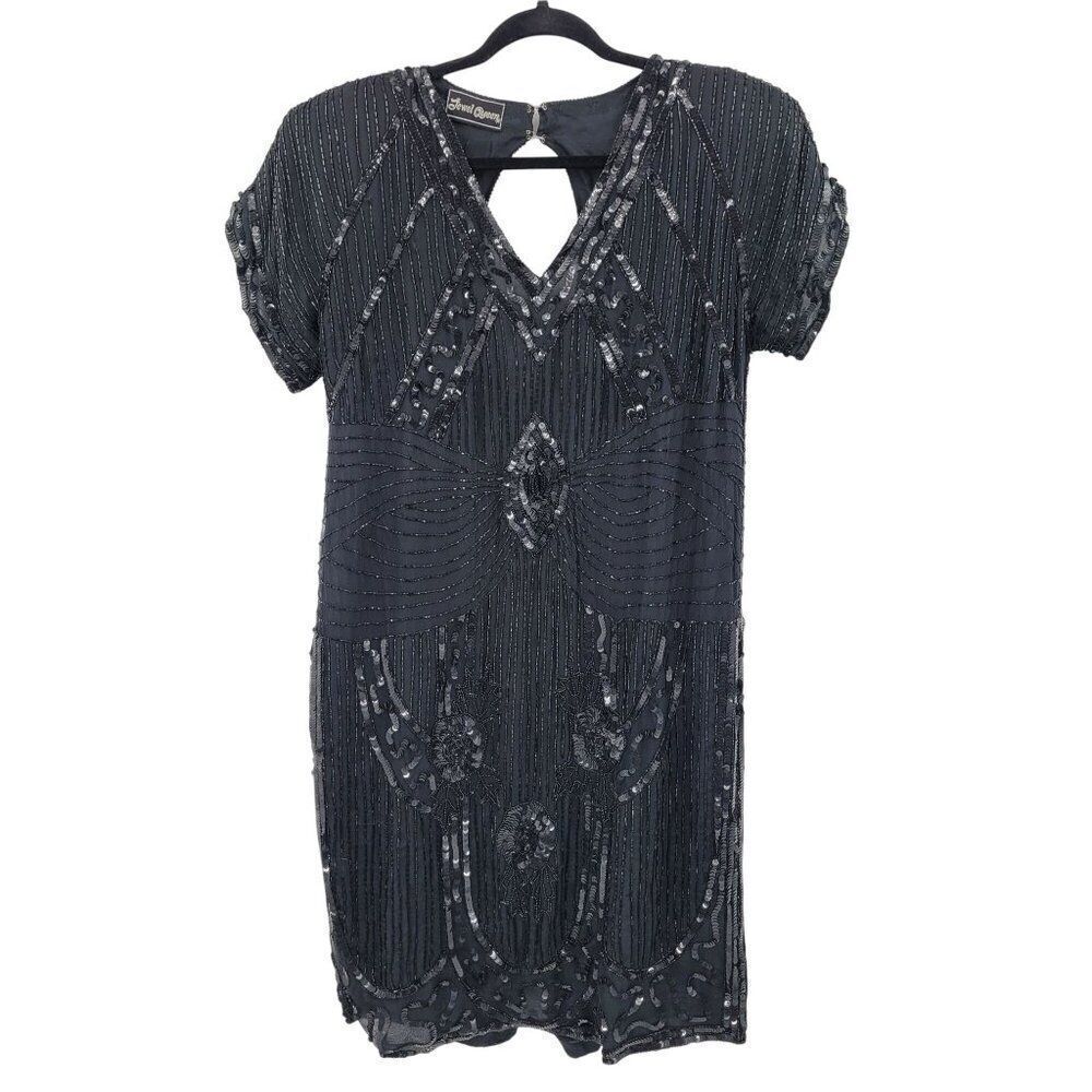 Vintage 80s Silk Black Beaded Sequined Short Sleeve Flapper Dress Sz M Cutout